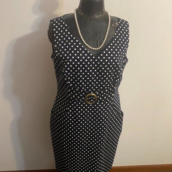 Tahari A.S.L. Navy Blue/White polka-dot sleeveless Sheath dress, size 12P - Picture 1 of 6
